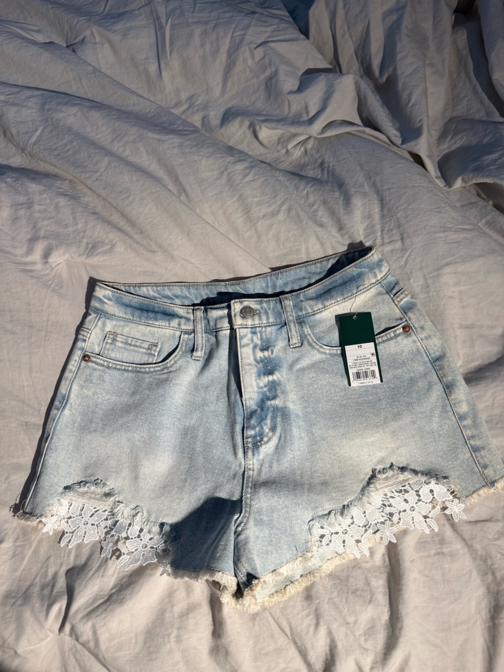 wild fable Light Wash Denim Shorts with White Lace Trim